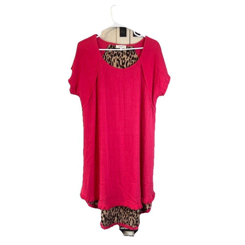 Umgee USA Dress Womens Plus XL Pink Linen Blend Leopard Frayed Fringe Hi Low Hem